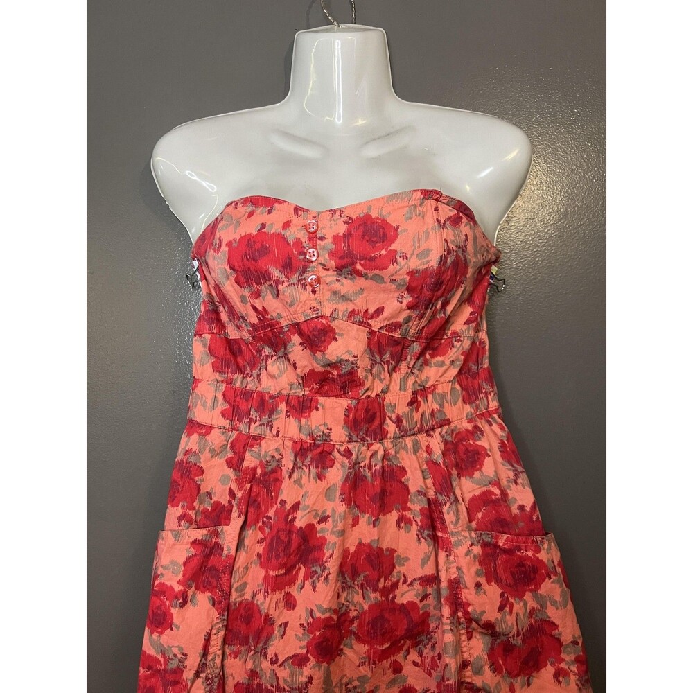 H&M Strapless Coral Midi Dress with Red Floral Print